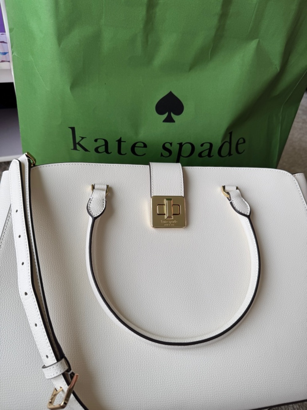 kate spade White Pebbled Leather Satchel with Gold Hardware